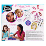 A Cra-Z-Art Shimmer 'n Sparkle Real Ultimate Make Up Designer including eyeshadow, blush, lip gloss, and style cards. Girls are shown applying makeup and decorating face templates. The packaging promotes creativity and various makeup looks.