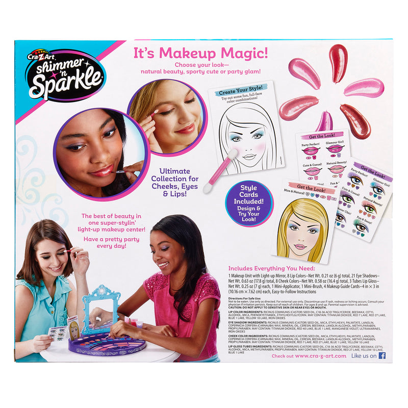 A Cra-Z-Art Shimmer 'n Sparkle Real Ultimate Make Up Designer including eyeshadow, blush, lip gloss, and style cards. Girls are shown applying makeup and decorating face templates. The packaging promotes creativity and various makeup looks.