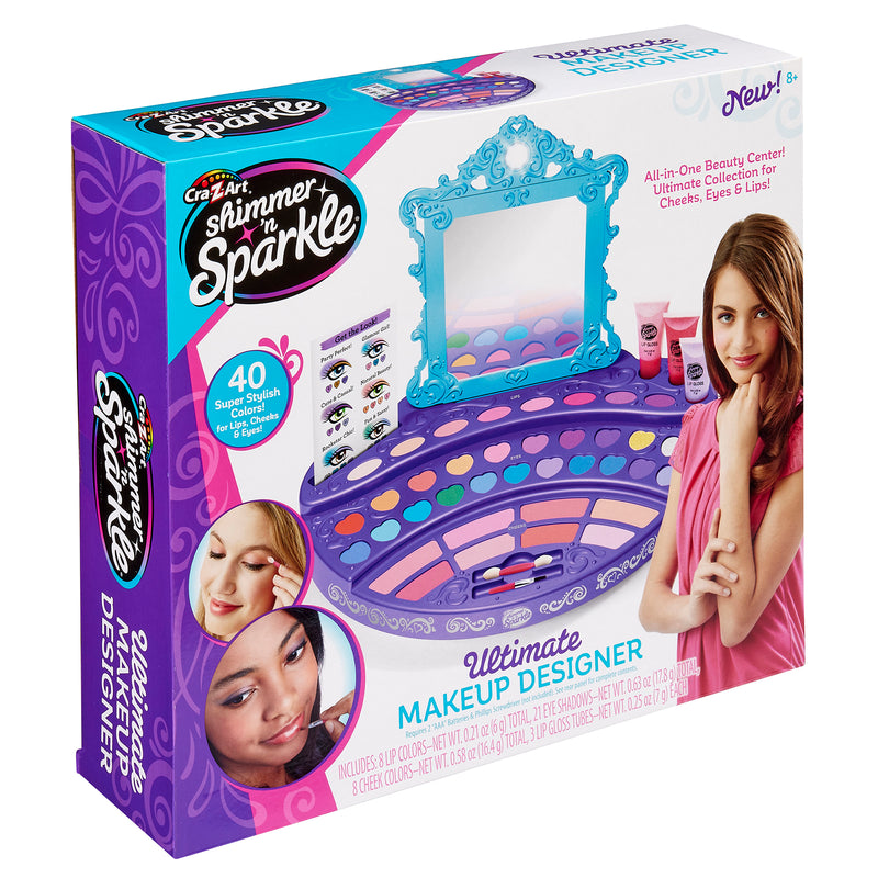 Box of Cra-Z-Art Shimmer 'n Sparkle Real Ultimate Make Up Designer kit showing makeup palette, mirror, and applicators. For ages 8+. Includes 40 makeup colors and tools for cheeks, eyes, and lips.