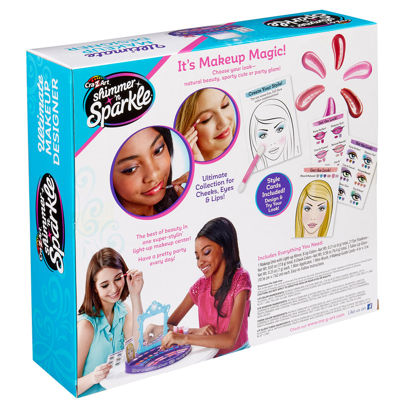 Box of a Cra-Z-Art Shimmer 'n Sparkle Real Ultimate Make Up Designer for children featuring a make-your-own lip gloss set, illustrated instructions, and images of kids applying makeup and enjoying the crafting activity.