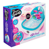 Box of the Shimmer 'n Sparkle 6 in 1 Massaging Foot Spa, featuring relaxing tools like light-up cascading waterfall, rollers, foot buffer, and massagers for an at-home pedicure experience.