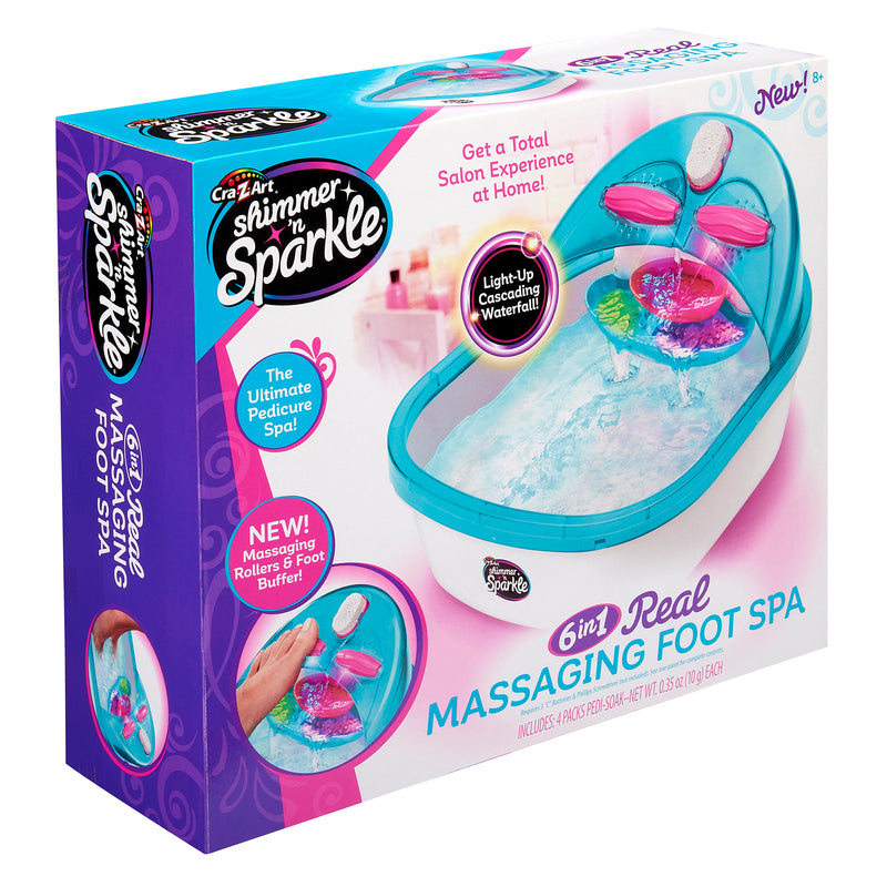 Box of the Shimmer 'n Sparkle 6 in 1 Massaging Foot Spa, featuring relaxing tools like light-up cascading waterfall, rollers, foot buffer, and massagers for an at-home pedicure experience.