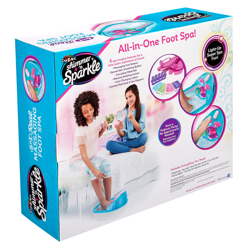 Packaging of "Shimmer 'n Sparkle 6 in 1 Massaging Foot Spa" all-in-one foot spa showing a mother and daughter using the product. Includes images of the spa, light-up feature, nail polish, and all included components.