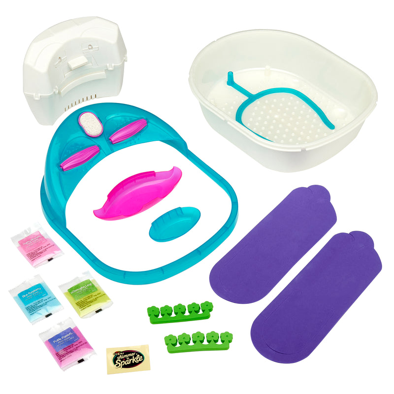 Shimmer 'n Sparkle 6 in 1 Massaging Foot Spa with a white and blue basin, blue and pink attachments, green toe separators, purple foot pads, and various small packets of foot care products.