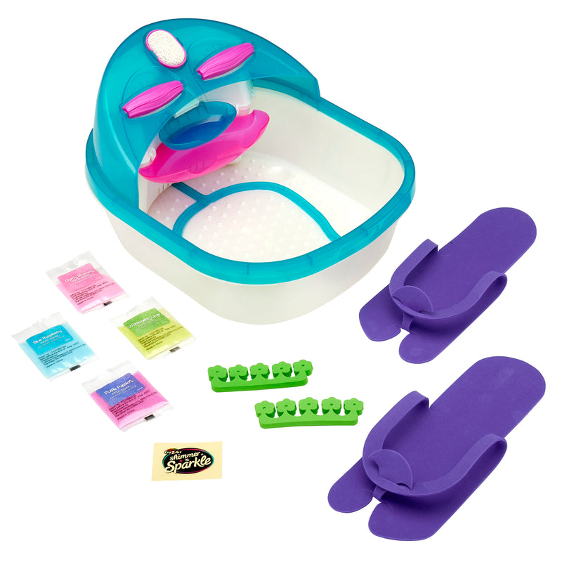 Shimmer 'n Sparkle 6 in 1 Massaging Foot Spa with a foot spa basin, two nail separators, four packets of foot soak, and a pair of purple foam slippers.