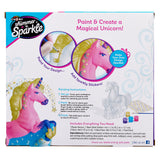 Packaging for a Shimmer 'N Sparkle Paint Your Own Magical Unicorn: Spark Imagination with Enchanting Crafting Fun! Features include a toy unicorn, paints, brushes, and stickers. Instructions and contents are listed with a step-by-step painting guide.