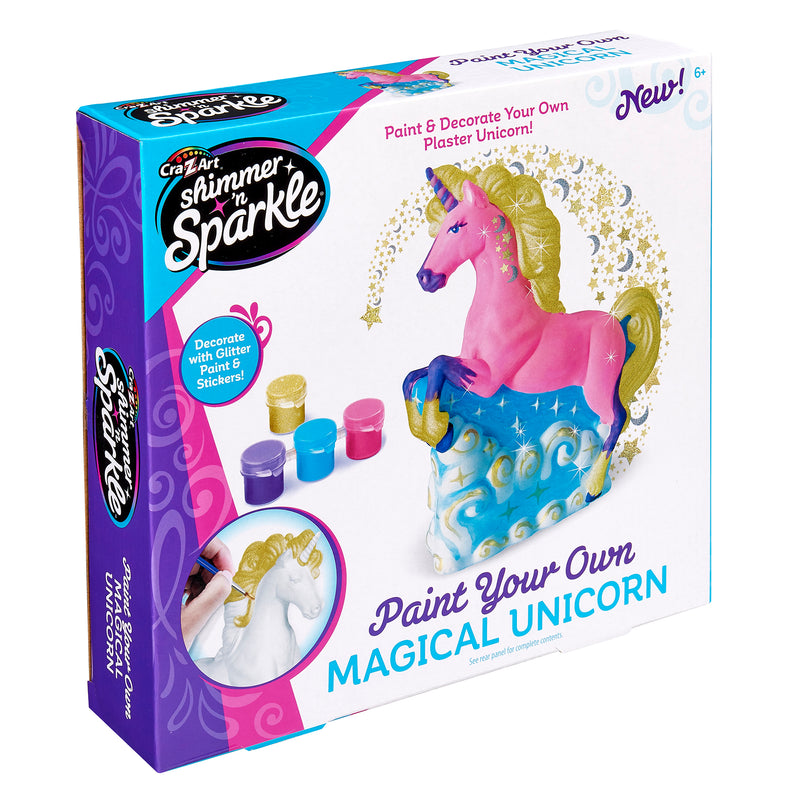 Box of Shimmer 'N Sparkle Paint Your Own Magical Unicorn: Spark Imagination with Enchanting Crafting Fun!, featuring a plaster unicorn, three paint pots, glitter, and stickers. Suitable for ages 6 and up.