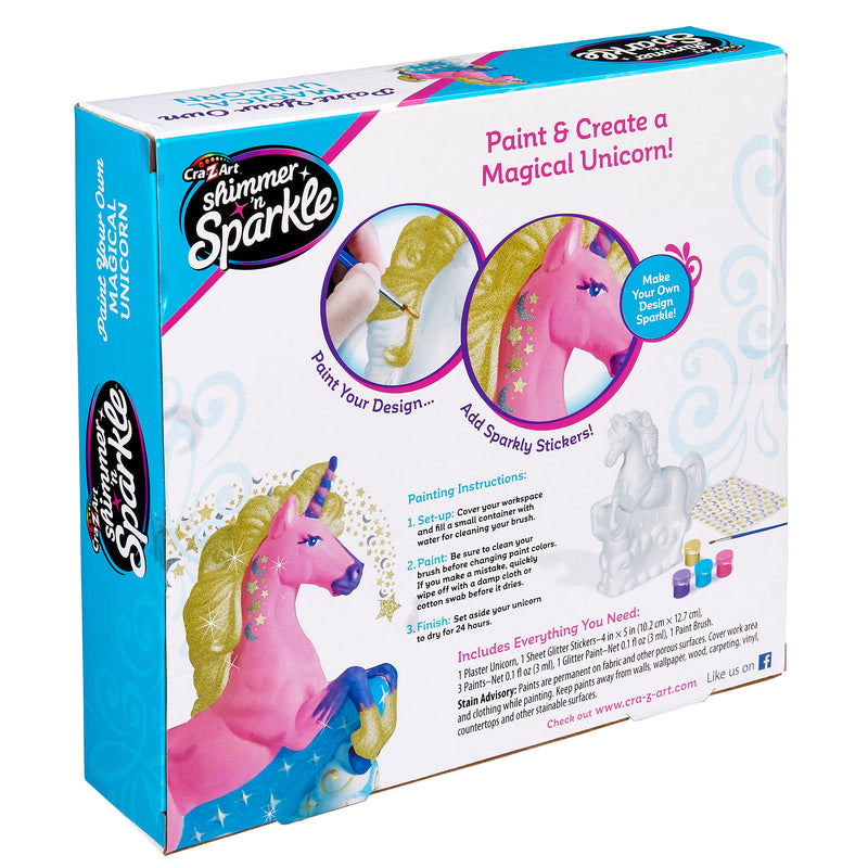 A craft box for decorating a unicorn figure, labeled "Shimmer 'N Sparkle Paint Your Own Magical Unicorn: Spark Imagination with Enchanting Crafting Fun!" Includes painting supplies and stickers. Text on the box encourages adding personal designs and sparkly stickers.