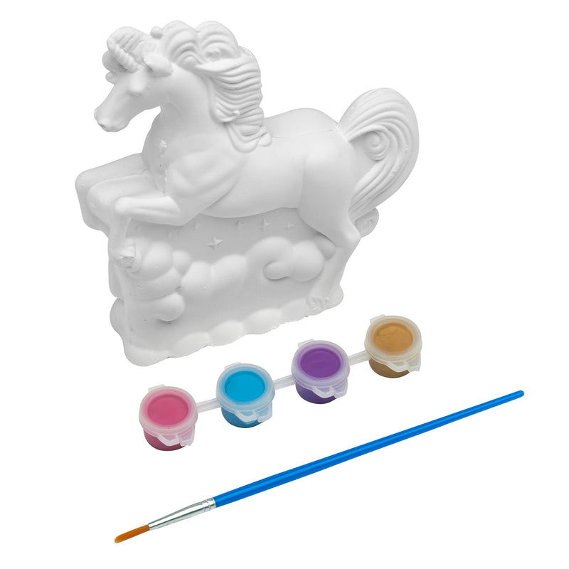 Shimmer 'N Sparkle Paint Your Own Magical Unicorn: Spark Imagination with Enchanting Crafting Fun! with four paint pods (pink, blue, purple, gold) and a paintbrush.
