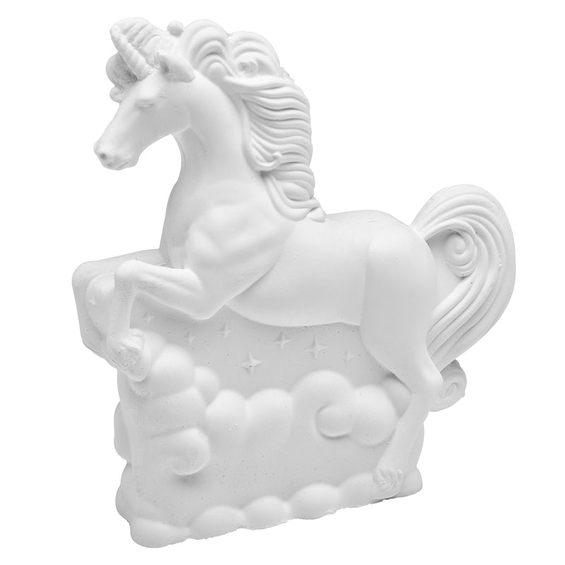 A Shimmer 'N Sparkle Paint Your Own Magical Unicorn: Spark Imagination with Enchanting Crafting Fun! figurine, with detailed mane and tail, standing on a base resembling clouds and stars.
