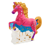 A colorful sculpture of Shimmer 'N Sparkle Paint Your Own Magical Unicorn: Spark Imagination with Enchanting Crafting Fun!, decorated with stars and moons, sitting on a cloud and a blue base.