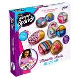Cra-Z-Art Shimmer 'n Sparkle Metallic Mania Rock Art box showing decorated stones and a child painting rocks. Designed for ages 6 and up, it includes materials to create metallic-magic rock art.