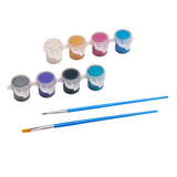 Two rows of small Cra-Z-Art Shimmer 'n Sparkle Metallic Mania Rock Art containers in various colors are arranged above two blue-handled paintbrushes.