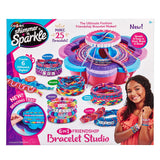 Box cover of a Shimmer 'n Sparkle 6 in 1 Friendship Bracelet Studio showing a girl wearing several colorful bracelets, and the bracelet making tool. The text highlights its ability to create 25 bracelets with 6 different styles.