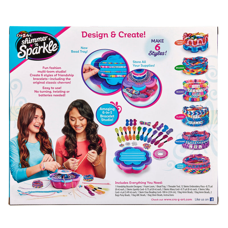 Image of the back of a Shimmer 'n Sparkle 6 in 1 Friendship Bracelet Studio box, showing two girls using the kit and various included items such as thread, beads, and design options.