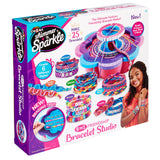Image of a "Shimmer 'n Sparkle 6 in 1 Friendship Bracelet Studio" box. The kit includes materials to make up to 25 bracelets in different styles and features a spinning tray for easy use.