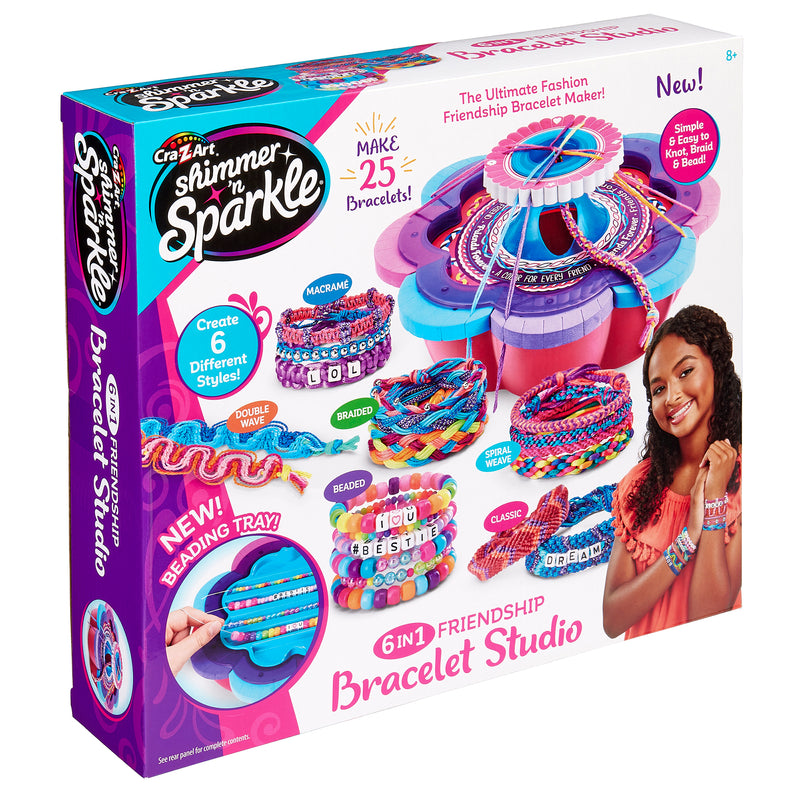 Image of a "Shimmer 'n Sparkle 6 in 1 Friendship Bracelet Studio" box. The kit includes materials to make up to 25 bracelets in different styles and features a spinning tray for easy use.