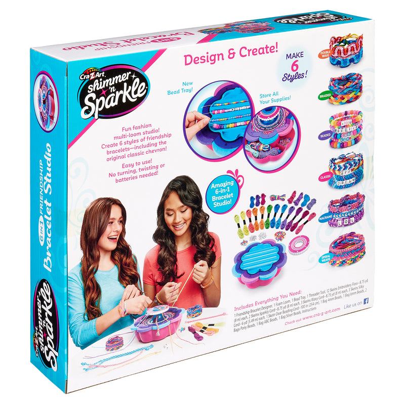 Back of a Shimmer 'n Sparkle 6 in 1 Friendship Bracelet Studio box showing detailed instructions, included materials, and images of two smiling young girls creating bracelets. The kit advertises the ability to make six different styles.