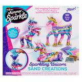 Shimmer 'n Sparkle Sparkling Unicorn Sand Art Creations with unicorn figurines, colored sand, and glitter. Includes bottles, bags of sand and glitter, a funnel, and a sticker sheet.