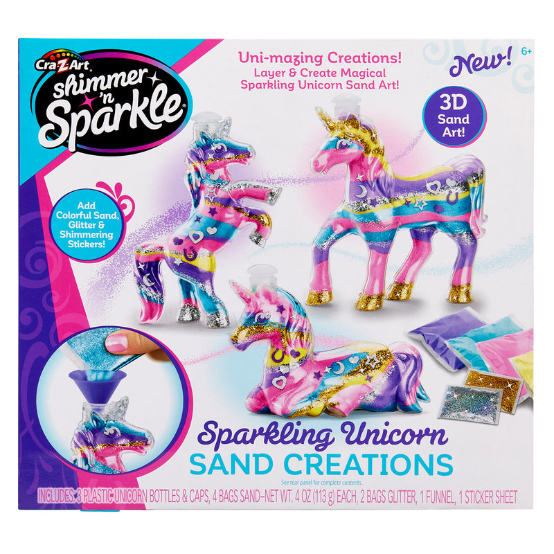 Shimmer 'n Sparkle Sparkling Unicorn Sand Art Creations with unicorn figurines, colored sand, and glitter. Includes bottles, bags of sand and glitter, a funnel, and a sticker sheet.