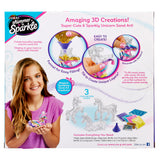 Packaging for "Shimmer 'n Sparkle Sparkling Unicorn Sand Art Creations," showing a girl holding the product, sand, funnels, and unicorn molds with instructions for creating sparkly sand art.