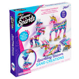 A box of Shimmer 'n Sparkle Sparkling Unicorn Sand Art Creations, featuring colorful sand art materials to create four unicorn figurines with glitter and accessories.
