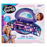 Image of a "Shimmer 'n Sparkle All In One Real Beauty Compact" for ages 8+, featuring over 30 colors for cheeks, lips, and eyes, and includes an applicator and a unicorn-themed makeup compact.
