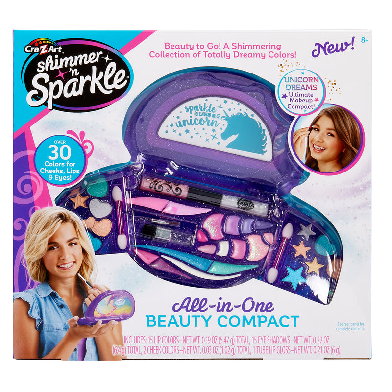 Image of a "Shimmer 'n Sparkle All In One Real Beauty Compact" for ages 8+, featuring over 30 colors for cheeks, lips, and eyes, and includes an applicator and a unicorn-themed makeup compact.
