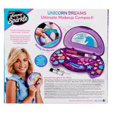 A makeup set for kids named "Shimmer 'n Sparkle All In One Real Beauty Compact" displayed in an open case with various colorful cosmetics. Packaging shows a smiling child holding the compact.