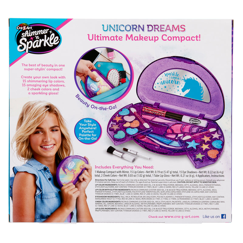 A makeup set for kids named "Shimmer 'n Sparkle All In One Real Beauty Compact" displayed in an open case with various colorful cosmetics. Packaging shows a smiling child holding the compact.