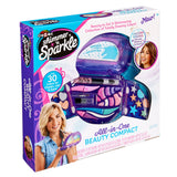 Image of the Shimmer 'n Sparkle All In One Real Beauty Compact, featuring over 30 colors for cheeks, lips, and eyes, along with illustrations of a girl using the makeup.