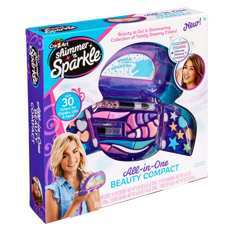 Image of the Shimmer 'n Sparkle All In One Real Beauty Compact, featuring over 30 colors for cheeks, lips, and eyes, along with illustrations of a girl using the makeup.