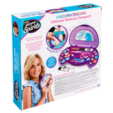 The image shows the back of a Shimmer 'n Sparkle All In One Real Beauty Compact box for children. It highlights the product contents, including makeup items and a mirror, with descriptions and a photo of a smiling girl holding the compact.