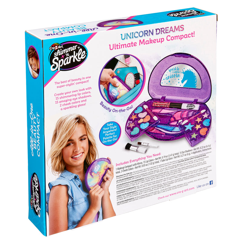The image shows the back of a Shimmer 'n Sparkle All In One Real Beauty Compact box for children. It highlights the product contents, including makeup items and a mirror, with descriptions and a photo of a smiling girl holding the compact.