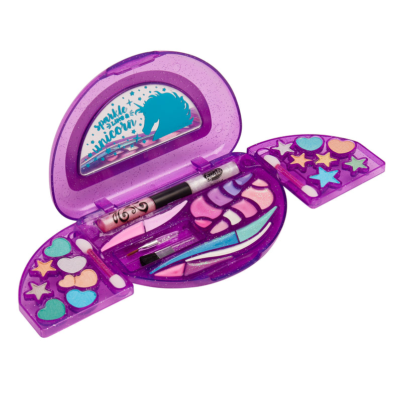 A purple, glittery Shimmer 'n Sparkle All In One Real Beauty Compact with various colors and shapes, featuring an illustration of a unicorn on the inner lid. It includes an eyeliner pencil and makeup brushes.