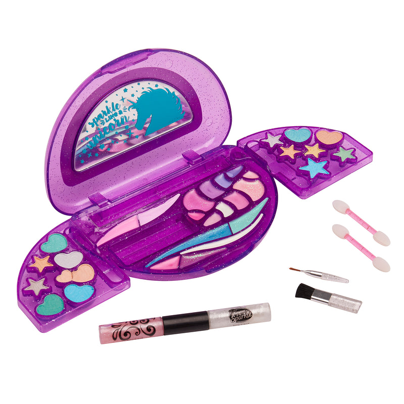 Purple makeup kit with various eye shadows in heart and star shapes, a dual-ended applicator, a small brush, lip gloss, and glitter. The case has "Shimmer 'n Sparkle All In One Real Beauty Compact" printed on the lid.