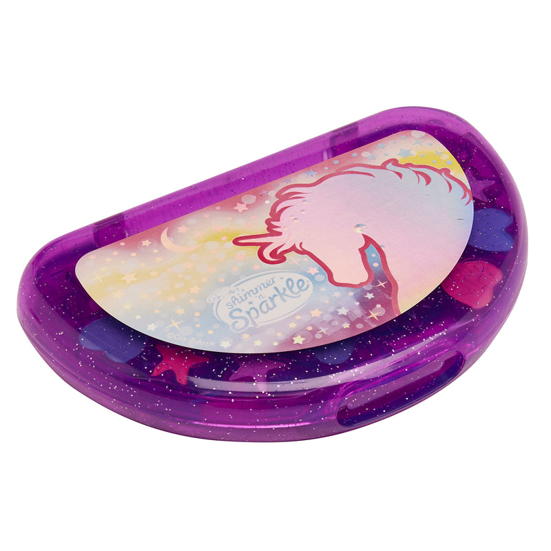 A purple, crescent-shaped Shimmer 'n Sparkle All In One Real Beauty Compact featuring a unicorn design with the word "Sparkle" on the front.