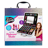 A packaged "Shimmer 'n Sparkle Glitter Case" makeup kit features eyeshadows, lip colors, and accessories, highlighted by an image of a smiling girl on the front.