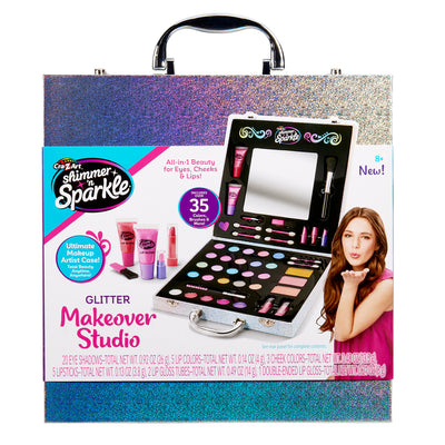 A packaged "Shimmer 'n Sparkle Glitter Case" makeup kit features eyeshadows, lip colors, and accessories, highlighted by an image of a smiling girl on the front.
