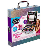 A sparkly case labeled "Shimmer 'n Sparkle Glitter Case" containing various makeup items including eyeshadows, blushes, lip glosses, and brushes, with an image of a young woman on the front.