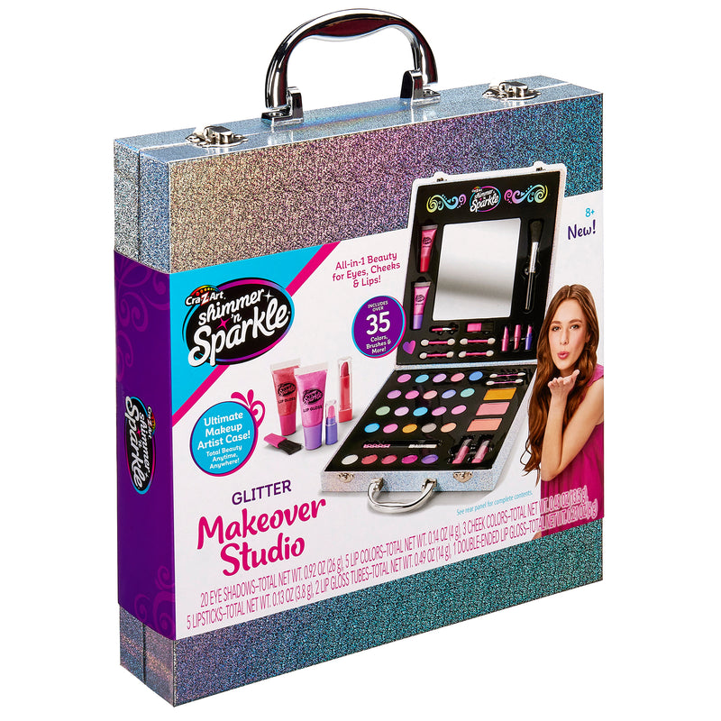 A sparkly case labeled "Shimmer 'n Sparkle Glitter Case" containing various makeup items including eyeshadows, blushes, lip glosses, and brushes, with an image of a young woman on the front.