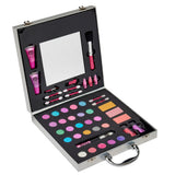 Open Shimmer 'n Sparkle Glitter Case with various eyeshadows, blushes, lip glosses, applicators, and a mirror inside a rectangular case with a handle.