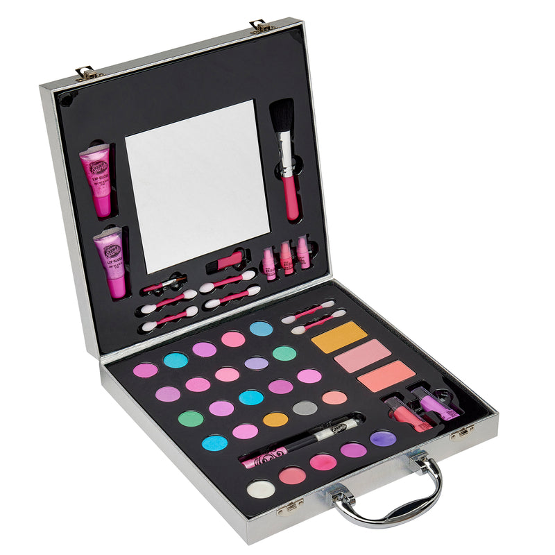Open Shimmer 'n Sparkle Glitter Case with various eyeshadows, blushes, lip glosses, applicators, and a mirror inside a rectangular case with a handle.