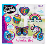 Product packaging for Shimmer 'n Sparkle Color Change Window Art. Includes designs like a heart with "BFF," a cupcake, a rainbow, a butterfly, a unicorn, and a flower. Suitable for ages 6 and up.