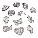 Various outlined charms on a white background, including designs of a watermelon slice, flower, rainbow, hot air balloon, butterfly, unicorn, cupcake, pineapple, ice cream and the words "hello," "BFF," and "Sweet!" in the Shimmer 'n Sparkle Color Change Window Art.