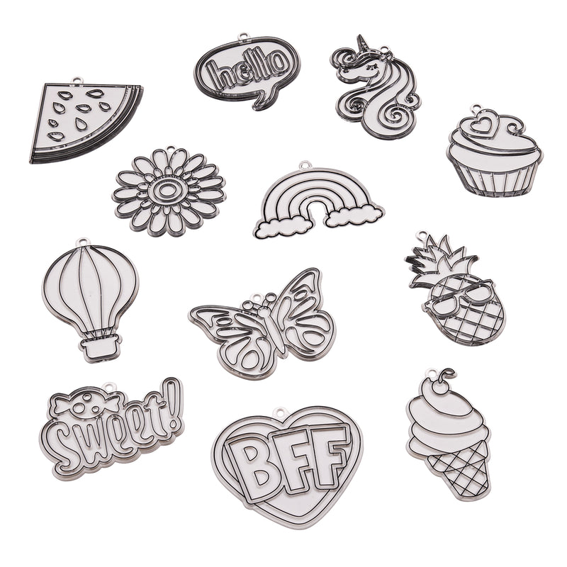 Various outlined charms on a white background, including designs of a watermelon slice, flower, rainbow, hot air balloon, butterfly, unicorn, cupcake, pineapple, ice cream and the words "hello," "BFF," and "Sweet!" in the Shimmer 'n Sparkle Color Change Window Art.