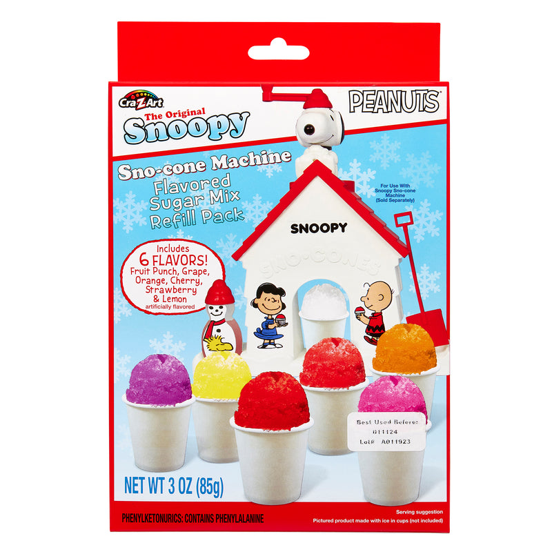 Snoopy Snow Cone Maker Refill Kit with six flavored sugar mixes includes fruit punch, grape, orange, cherry, strawberry, and lemon. Box illustrated with Peanuts characters. Net weight 3 oz.