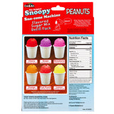 Image of the "Snoopy Snow Cone Maker Refill Kit" box showcasing six vibrant sno-cones in cherry, grape, strawberry, orange, fruit punch, and lemon flavors. Nutritional facts are provided on the side. Ideal for pairing with your Snow Cone Maker for endless enjoyment!