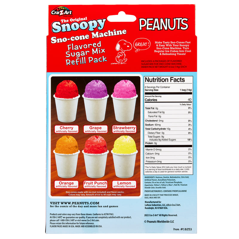 Image of the "Snoopy Snow Cone Maker Refill Kit" box showcasing six vibrant sno-cones in cherry, grape, strawberry, orange, fruit punch, and lemon flavors. Nutritional facts are provided on the side. Ideal for pairing with your Snow Cone Maker for endless enjoyment!