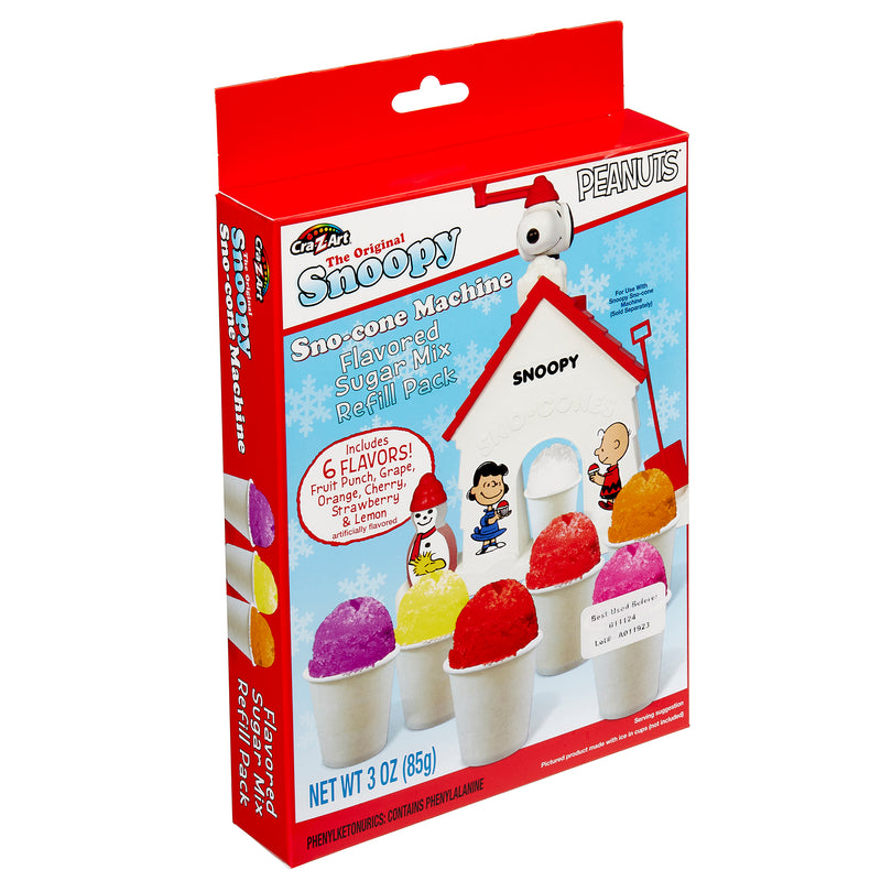 Front view of a Snoopy-themed Snoopy Snow Cone Maker Refill Kit box, featuring colorful illustrations of characters and six different sno-cones.